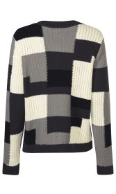 Baumwoll-Strickjacke mit langem Arm, Patchwork-Muster in Schwarz, Grau und Creme, gerader Schnitt, strukturierter Strick, Rückseite sichtbar