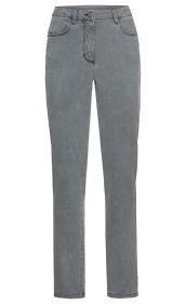 graue Baumwoll-Mix-Hose mit geradem Bein, Knopf- und Reißverschluss, zwei Eingrifftaschen vorne, Bund mit Gürtelschlaufen, schlichtes Design, geeignet für lässige und alltagstaugliche Outfits