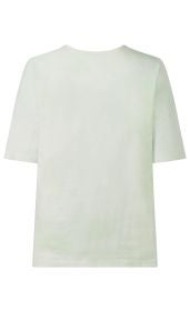 Baumwoll-Shirt in heller Farbe, Rückansicht, kurzärmelig, Rundhalsausschnitt, schlichtes Design, glatter Stoff, gerade geschnitten