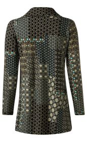Rückansicht Viskose-Mix-Shirt mit langem Arm, Stehkragen und Patchwork-Muster in Schwarz, Beige, Blau und Braun mit verschiedenen geometrischen und floralen Motiven