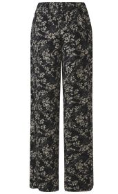 schwarze Viskose-Hose mit weitem Bein, Band mit elastischem Bund, durchgehendem hellbeigem floralen Pflanzenmuster