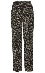 schwarze Viskose-Hose mit beigen abstrakten pflanzenartigen Mustern, gerader Schnitt, elastischer Bund, lässiger Stil