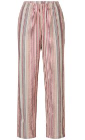 Baumwoll-Hose mit elastischem Bund, gerade geschnitten, hellbeige Grundfarbe, vertikale Streifen in Rosa, Rot, Grau und Weiß, leicht strukturierter Stoff, bequeme und legere Passform