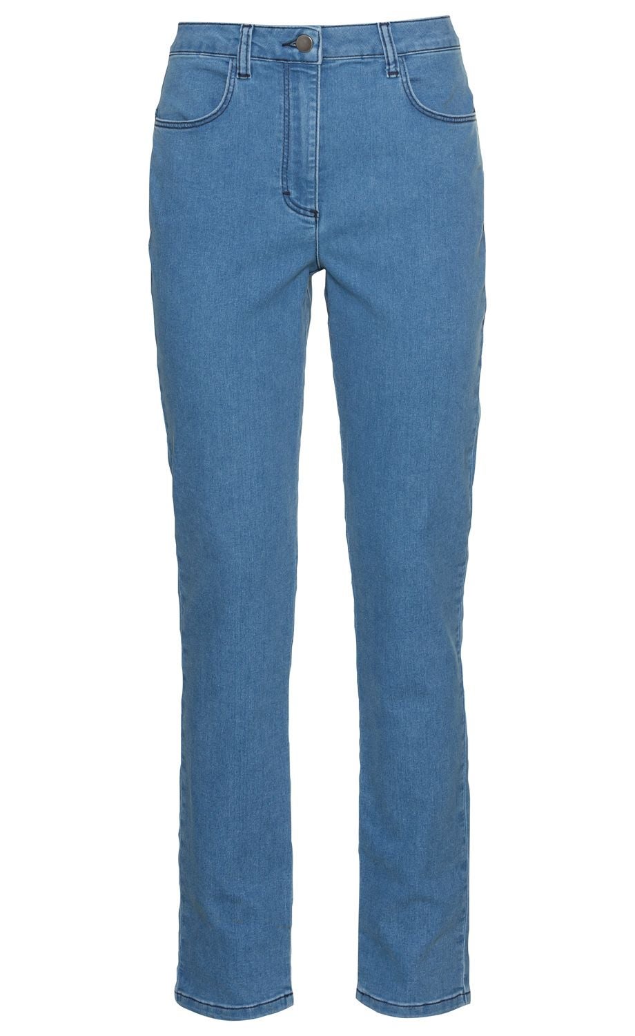 Damen Baumwoll-Mix-Hose in hellem Denim-Blau, gerade geschnitten, mit Gürtelschlaufen, zwei vorderen Taschen, Knopf- und Reißverschlussverschluss, schlichte Nahtdetails