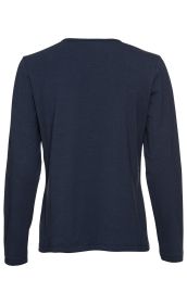 Dunkelblaues Baumwoll-Mix-Shirt mit langen Ärmeln, Rückansicht, schlichtes Design ohne Muster oder Aufdruck, gerade Passform, Rundhalsausschnitt, leichter Stoff, unifarben.