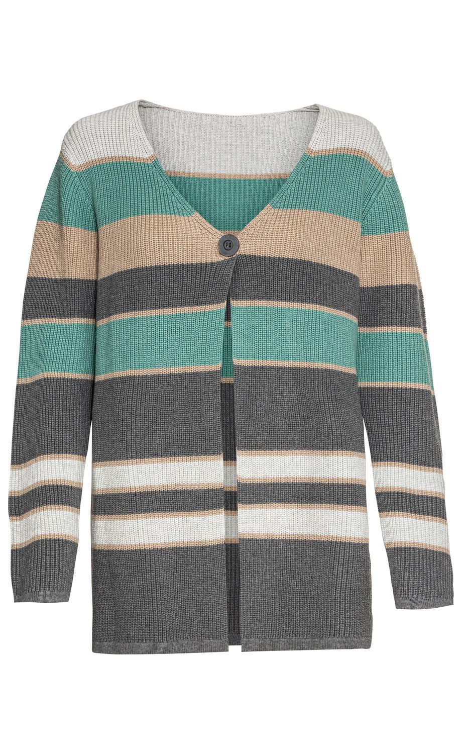 Baumwoll-Strickjacke mit V-Ausschnitt, längslangem Schnitt und Knopfverschluss, in Grautönen mit weißen, beige und mintgrünen horizontalen Streifen, gerippte Struktur, lange Ärmel