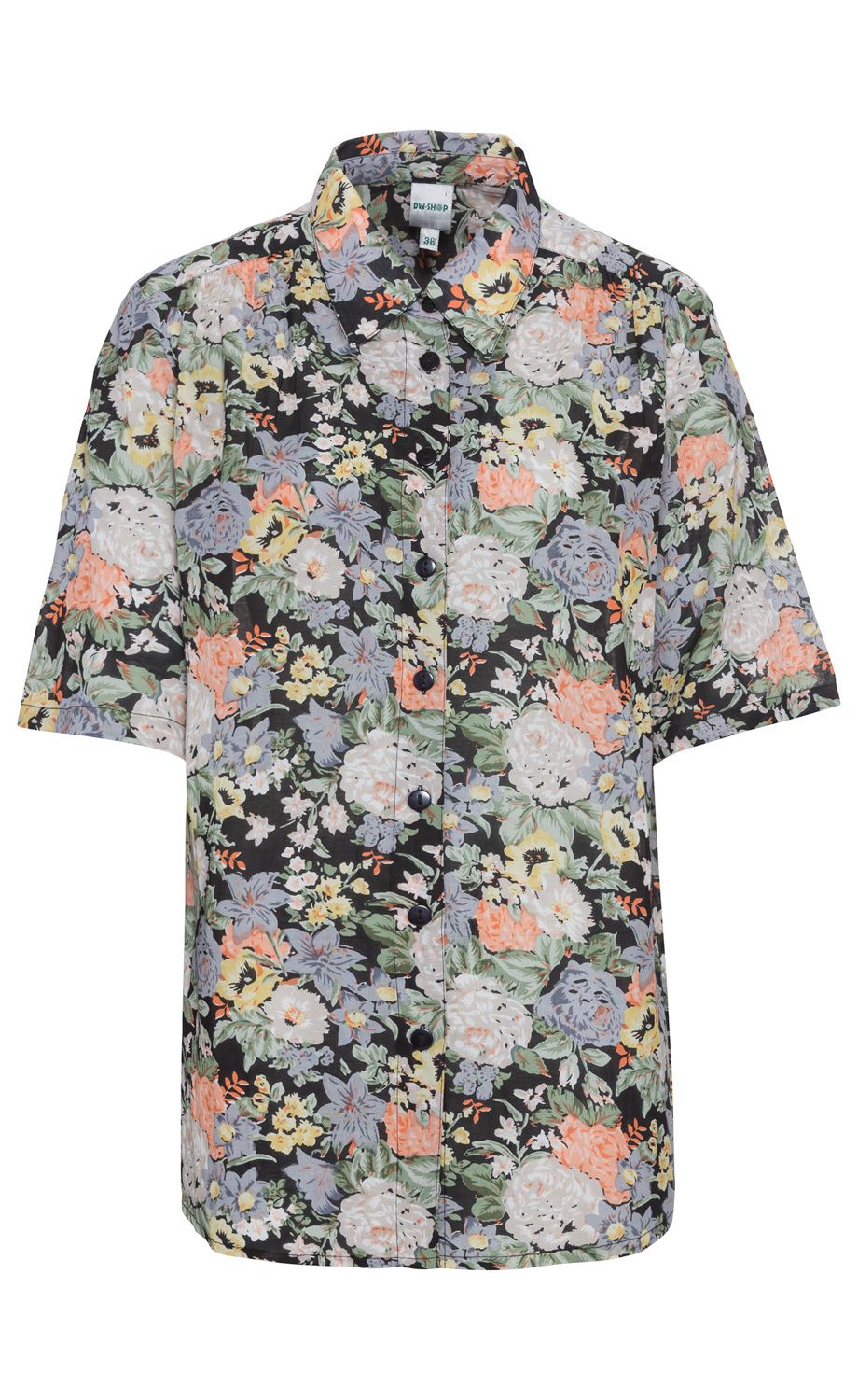 Viskose-Mix-Bluse, kurze Ärmel, durchgehende Knopfleiste, schwarzer Hintergrund mit floralem Muster in Weiß, Orange, Gelb, Helllila und Grün, klassischer Hemdkragen, lockere Passform
