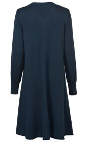 Dunkelblaues Baumwoll-Mix-Kleid mit langem Arm, weitem Schnitt und gerippten Bündchen, Rückansicht