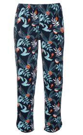 Baumwoll-Mix-Hose in Dunkelblau mit hellem grünen und weißen Blattmuster sowie kleinen orangen Blumen, elastischem Bund und geradem Beinabschluss.