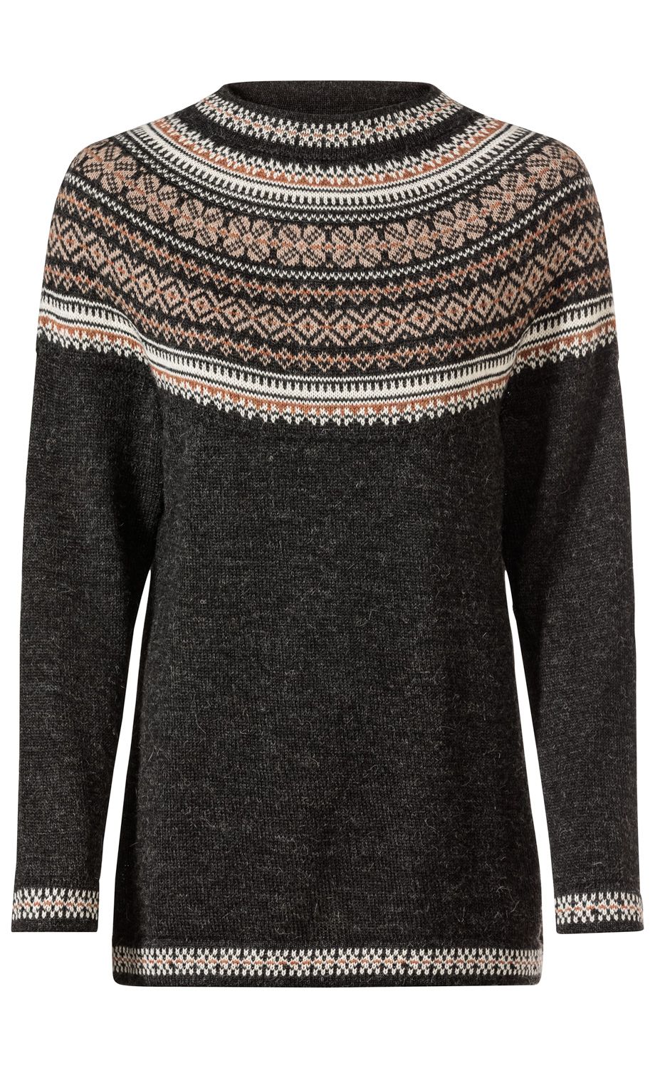Dunkelgrauer Alpaka-Pullover mit Rundhalsausschnitt, mehrfarbigem Norwegermuster in Braun, Weiß und Beige am oberen Bereich, Bündchen und Saum, lange Ärmel, dicke, warme Strickqualität.