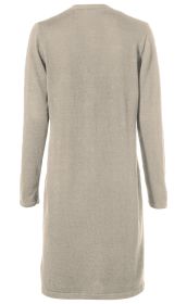 Leinen-Mix-Strickjacke in Beige, lang geschnitten, mit langen Ärmeln, glattem Rückenteil, leichter Struktur, Rundhalsausschnitt und schlichtem Design, Rückansicht.