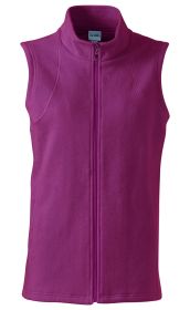 Baumwoll-Fleece-Weste in violett, ärmellos, mit Stehkragen und durchgehendem Reißverschluss, sichtbare Nähte, weiche Textur, schlichtes Design, ohne Muster oder weitere Verzierungen.