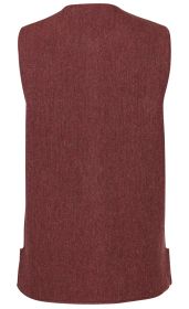 Rückansicht einer bordeauxroten Alpaka-Strickweste mit feiner Struktur, ohne Ärmel, geradem Saum und seitlichen Schlitzen, schlicht und elegant gestaltet.