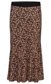 Viskose-Mix-Rock mit schwarzem Hintergrund, feinem floralen Muster in Beige und Blau, ausgestellter Schnitt, elastischer Bund, knie- bis wadenlang