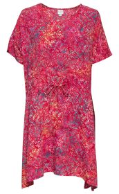 Viskose-Kaftan in Rot mit floralem Muster in Blau, Gelb und Lila, kurzer Arm, V-Ausschnitt, Taille mit Bindeband, locker fallender Schnitt, leicht asymmetrischer Saum