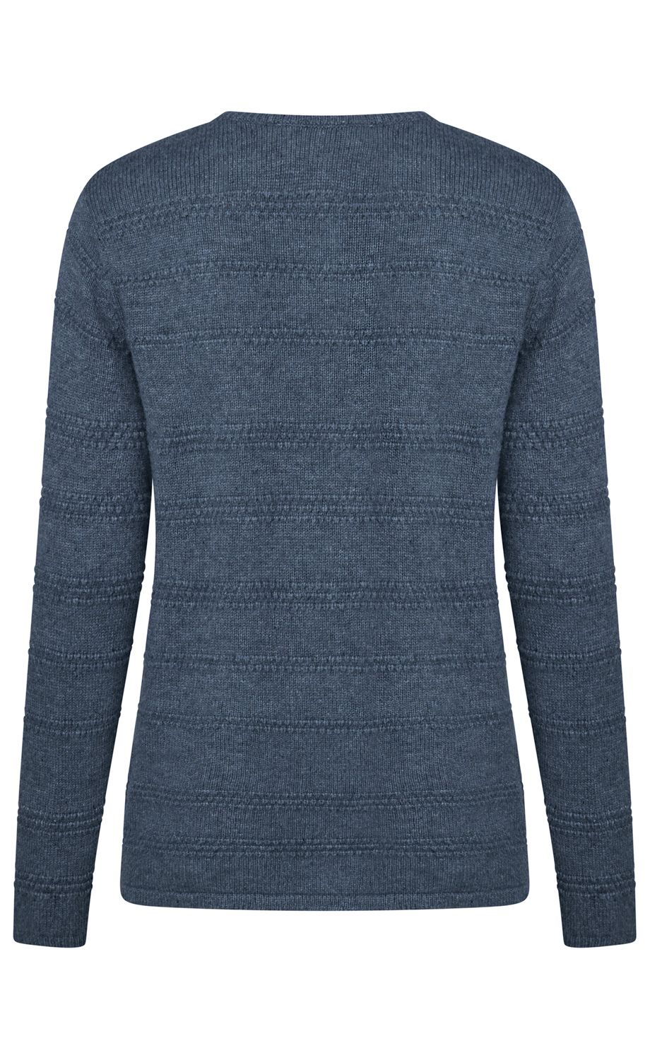 dunkelblauer Strickpullover mit feinem horizontalem Muster, langärmlig, gerade geschnitten, hinten gezeigt, aus weichem Stoff