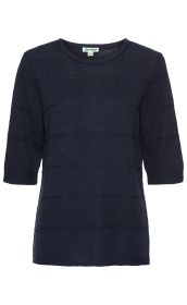 Dunkelblauer Leinen-Mix-Pullover mit kurzem Arm, Rundhalsausschnitt und feiner Struktur in Blockstreifenmuster, gerade geschnitten, für Damen, Größe 36/38, Marke DW-Shop
