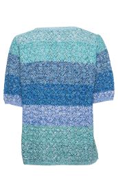 Baumwoll-Pullover in verschiedenen Blautönen, gestrickt mit kurzem Ärmel und feinem Ajourmuster, Rückenansicht, engmaschig, regelmäßiges Rautenmuster, Farbverlauf von Hellblau bis Türkis