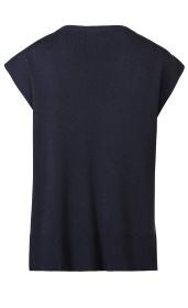 dunkelblauer Baumwoll-Mix-Pullunder mit geripptem Saum, ärmelloses Design, Rundhalsausschnitt, Rückansicht, feine Strickstruktur