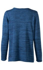 Rückansicht eines langärmligen Baumwoll-Pullovers in meliertem Blau mit Rundhalsausschnitt und leicht strukturiertem Strickmuster