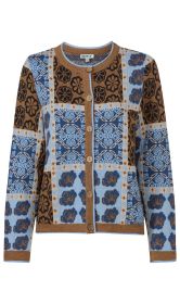Baumwoll-Mix-Jacke mit rundem Ausschnitt, Knopfleiste, langem Arm in Braun und Blau mit abstraktem Blumen- und Kachelmuster, gerade geschnitten, leichte, strukturierte Strickoptik.