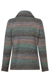 Rückansicht eines mehrfarbigen Alpaka-Pullovers mit langem Arm und aufgeschlagenem Kragen, gestrickt mit feinem Muster in Blau-, Grün-, Rosa- und Brauntönen