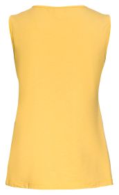 Rückansicht eines ärmellosen Baumwoll-Mix-Tops in hellgelber Farbe, mit schmalem Rundhalsausschnitt und schlichter, glatter Oberfläche.