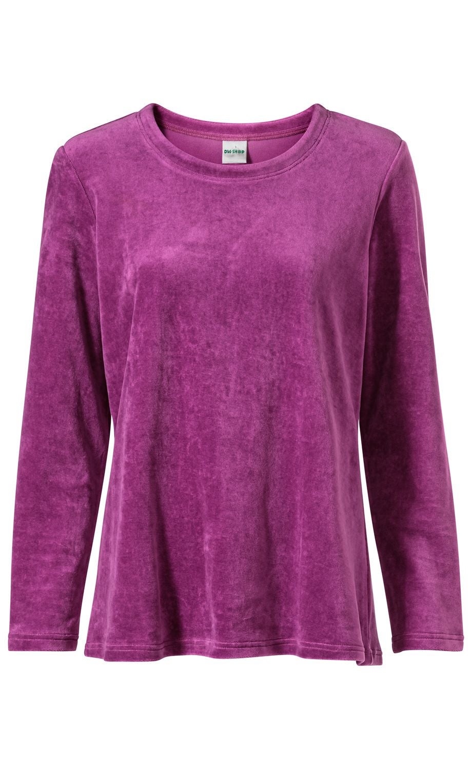 Damen Baumwoll-Shirt in violett mit Rundhalsausschnitt und langen Ärmeln, weich strukturierter Stoff, gerade geschnitten.