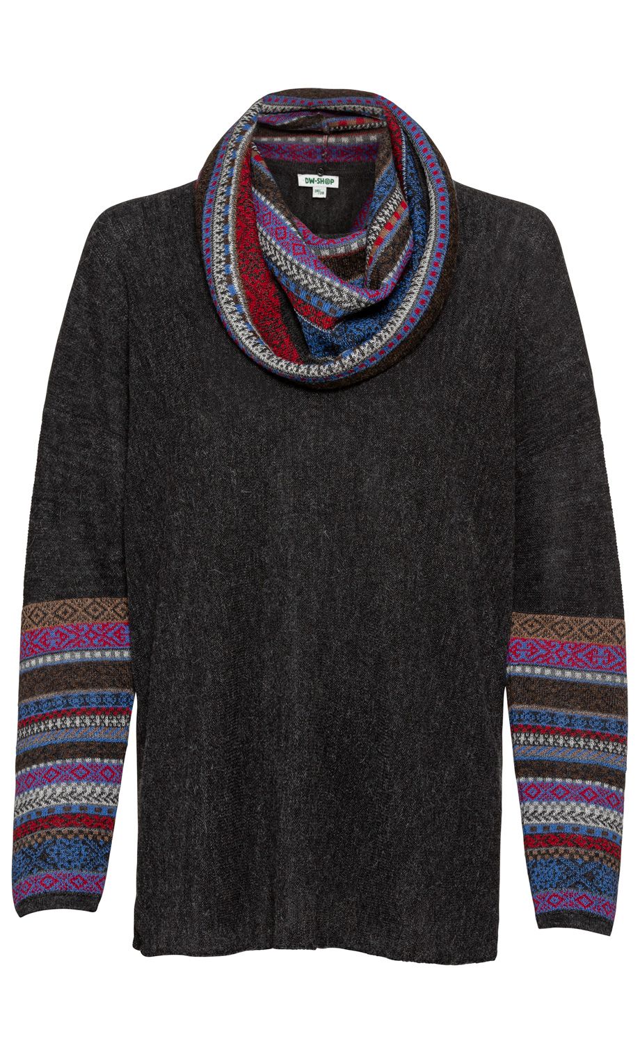 Dunkelgrauer Alpaka-Pullover mit langem Arm, farbigen, gemusterten Streifen an den Ärmeln und passendem, buntem Rundschal mit rot-blau-grauen Mustern am Kragen