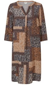 Viskose-Kleid mit 3/4-Ärmeln, V-Ausschnitt, lockerer Passform, Patchwork-Muster aus geometrischen Formen und Blättern in Beige, Dunkelblau und Braun