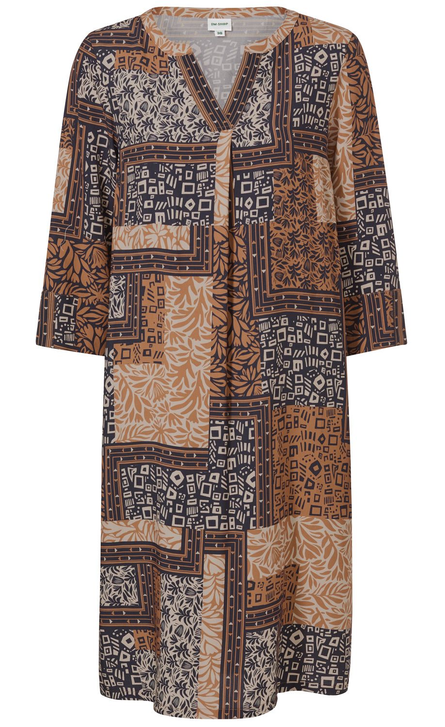 Viskose-Kleid mit 3/4-Ärmeln, V-Ausschnitt, lockerer Passform, Patchwork-Muster aus geometrischen Formen und Blättern in Beige, Dunkelblau und Braun