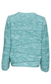 Baumwoll-Pullover in Türkis mit langem Arm, lockerem Schnitt, leichter Melierung und horizontalen, durchbrochenen Musterstreifen, Rückansicht