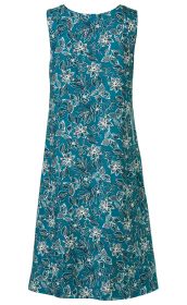 Ärmelloses Viskose-Kleid in Türkis mit weißem und schwarzem floralen Muster, rundem Ausschnitt und leicht ausgestelltem Schnitt.