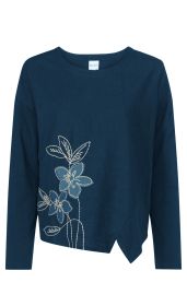 Dunkelblaue Baumwoll-Mix-Bluse mit langem Arm, asymmetrischem Saum und blumenförmiger Stickerei in verschiedenen Blautönen auf der linken Vorderseite