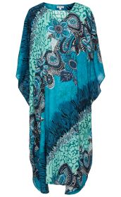 Viskose-Kaftan in Türkis und Blau mit floralem und abstraktem Muster, V-Ausschnitt, lockerer Passform, halblangen Ärmeln und asymmetrischem Saum