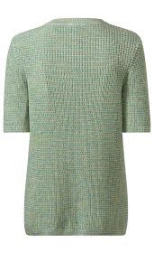 Rückansicht eines gestrickten Baumwoll-Pullovers mit kurzen Ärmeln, meliert in Grün-, Blau- und Beigetönen, leicht strukturiertes Maschenmuster, rundhals, schlichtes, legeres Design