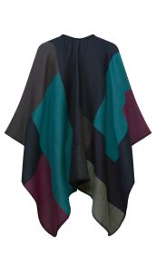 Mehrfarbiger Poncho mit geometrischem Muster in Dunkelblau, Türkis, Burgunderrot, Grau und Schwarz, aus weichem Stoff mit sichtbarer Naht am Saum, Rückansicht, locker fallend