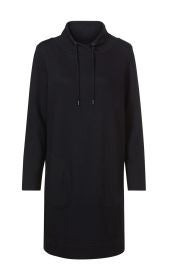 Schwarzes Baumwoll-Mix-Kleid mit langem Arm, hohem Kragen und Kordelzug, zwei aufgesetzten Taschen vorne, gerade geschnitten, knielang