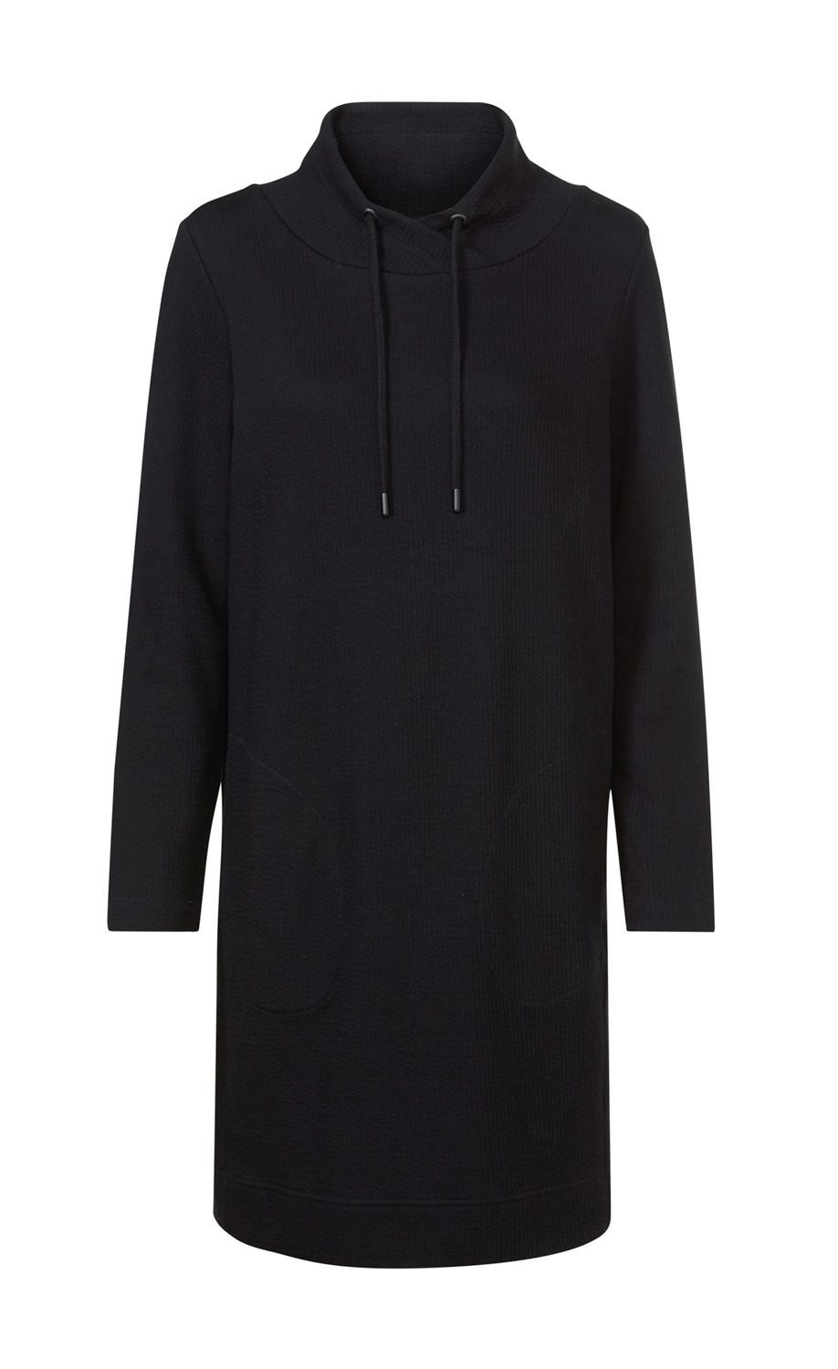 Schwarzes Baumwoll-Mix-Kleid mit langem Arm, hohem Kragen und Kordelzug, zwei aufgesetzten Taschen vorne, gerade geschnitten, knielang