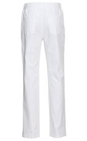 Weiße Baumwoll-Mix-Hose, gerade geschnitten, Rückansicht, mit elastischem Bund und zwei aufgesetzten Gesäßtaschen, glatte Oberfläche, casual Style, knöchellang.