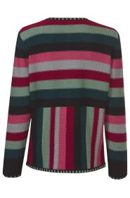 Baumwoll-Strickjacke mit bunten horizontalen und vertikalen Streifen in Rot, Pink, Grau, Grün, Blau und Schwarz, lange Ärmel, runder Halsausschnitt, Rückansicht, Saum und Ärmel mit kontrastierendem Zierstich
