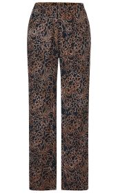 Viskose-Hose mit elastischem Bund, geradem Schnitt, schwarzem Grund und braunem, verspieltem, abstraktem Muster aus geschwungenen Linien und Schleifen