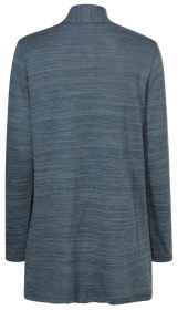 Rückansicht einer langärmligen Viskose-Mix-Jacke in Blau mit feinem mehrfarbigem Melange-Muster, Stehkragen und geradem Schnitt, ohne sichtbare Verschlüsse oder Verzierungen, weiche Feinstruktur