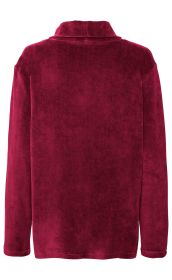 Dunkelrotes Baumwoll-Shirt mit langem Arm, Rückansicht, ohne Muster, mit rundem Kragen, glatte weiche Textur, schlichtes Design, gerade Passform, für kühle Tage geeignet.