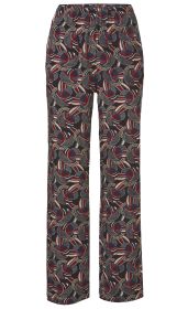 Viskose-Hose mit elastischem Bund, gerade geschnitten, mit abstraktem Muster in Rot, Blau, Beige und Weiß auf schwarzem Hintergrund