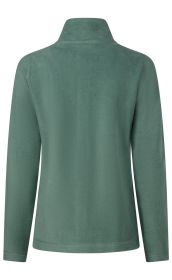 grüner Damen-Fleecepullover, lange Ärmel, Stehkragen, Rückansicht, schlichtes Design ohne Muster, weiches Material