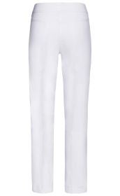 Weiße Viskose-Mix-Hose, gerade geschnitten, ohne Taschen, mit sichtbaren Doppelsteppnähten, elastischem Bund ohne Verschluss, glatte Struktur, Rückansicht