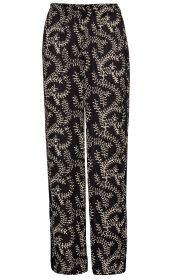 Schwarze Viskose-Hose mit weißem, filigranem Blattmuster, elastischem Bund, geradem Schnitt und weich fallendem Stoff