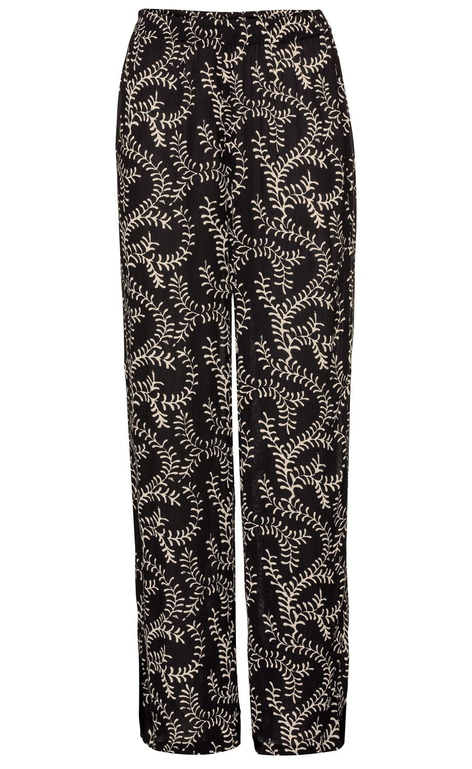 Schwarze Viskose-Hose mit weißem, filigranem Blattmuster, elastischem Bund, geradem Schnitt und weich fallendem Stoff