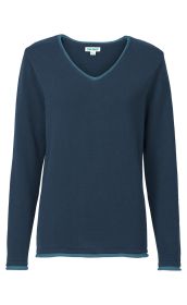 dunkelblauer Langarm-Pullover mit V-Ausschnitt und hellblauen Besätzen an Kragen, Saum und Ärmelenden, glatt gestrickt, Größe 36/38